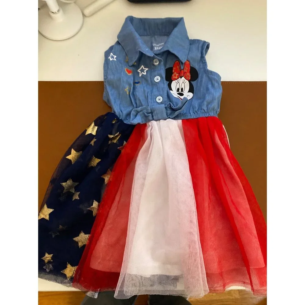 Disney Junior Dress Kids Size‎ 12M Blue Minnie Mouse Stars Stripes Flag 4th July